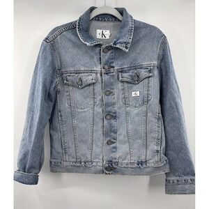 Y2K‎ Calvin Klein Jeans Denim Jacket Men's M Logo Blue Long Sleeve Sandblast